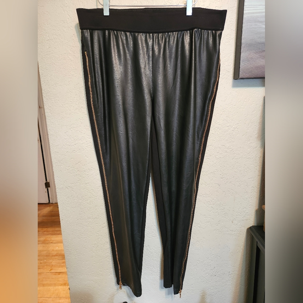 Joseph Ribkoff Black Faux Leather Pants with Gold Zippers